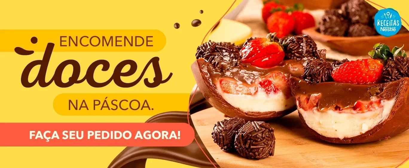 Banner com fundo amarelo com ovos de Páscoa recheados, e botão vermelho chamando para encomendar doces.