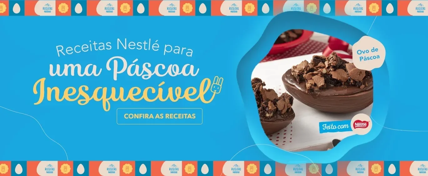 Banner de fundo azul com a imagem de ovo de Páscoa recheado, e o texto “Receitas Nestlé para uma Páscoa inesquecível”.