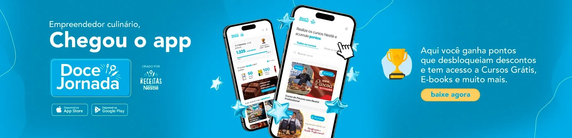 Banner azul com destaque para o app Doce Jornada, celulares exibindo o aplicativo e cursos e botão “baixe agora”.