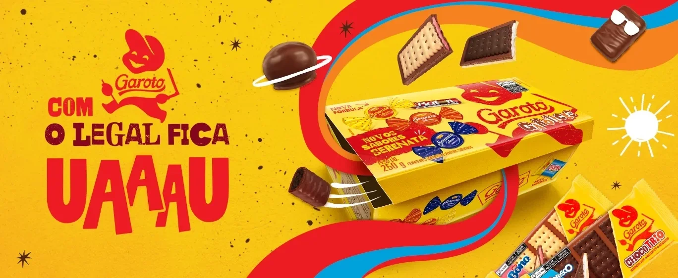 Imagem de uma caixa de chocolates e barras de Chocotrio, slogan “Com Garoto o legal fica UAAAU” em fundo amarelo vibrante.