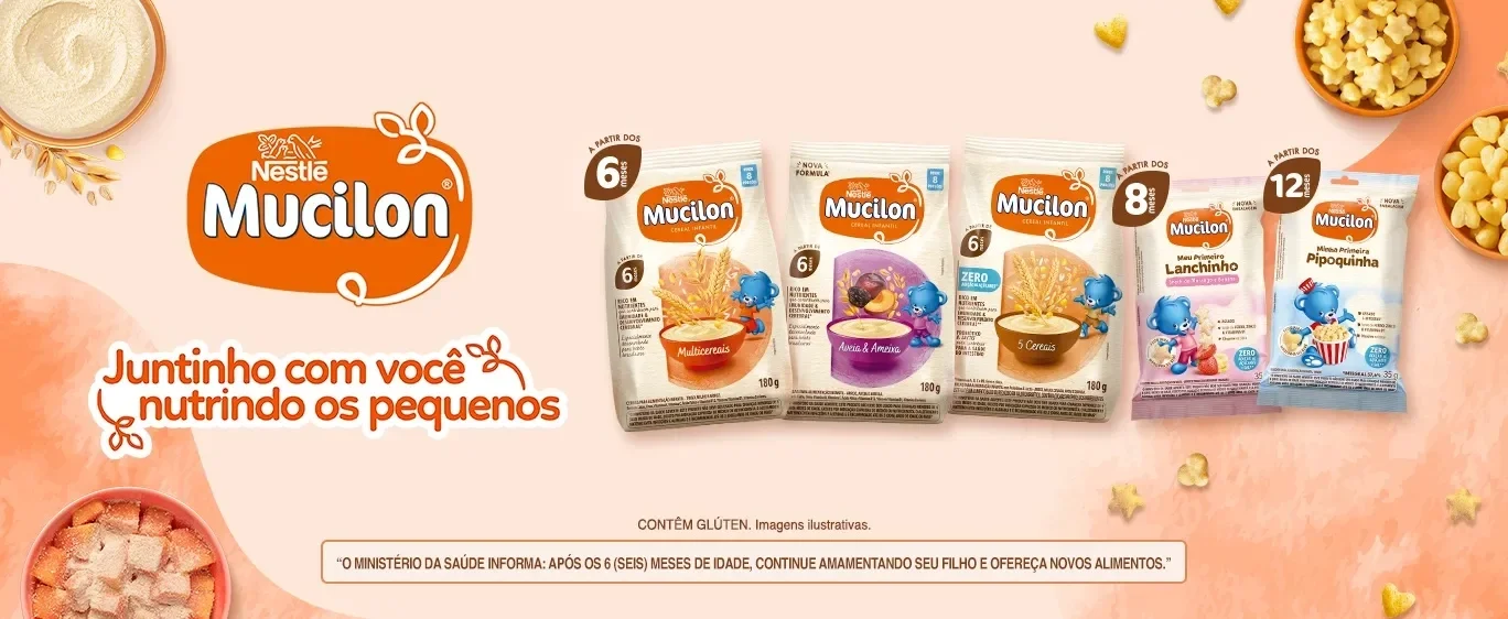 Produtos Mucilon para bebês a partir de 6, 8 e 12 meses, com cereais, frutas e snacks, sobre fundo laranja e rosa.