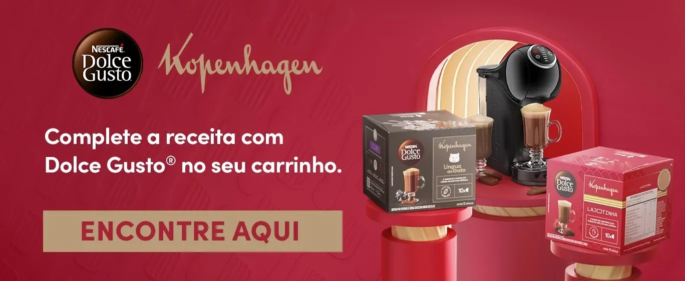 Banner vermelho com logo de Dolce Gusto e Kopenhagen com máquina de café e cápsulas Língua de Gato e Lajotinha.