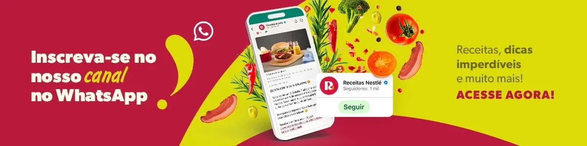 Banner colorido em vermelho e amarelo com celular, legumes e convite para seguir o canal de Receitas Nestlé no WhatsApp