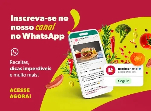 Banner colorido em vermelho e amarelo com celular, legumes e convite para seguir o canal de Receitas Nestlé no WhatsApp