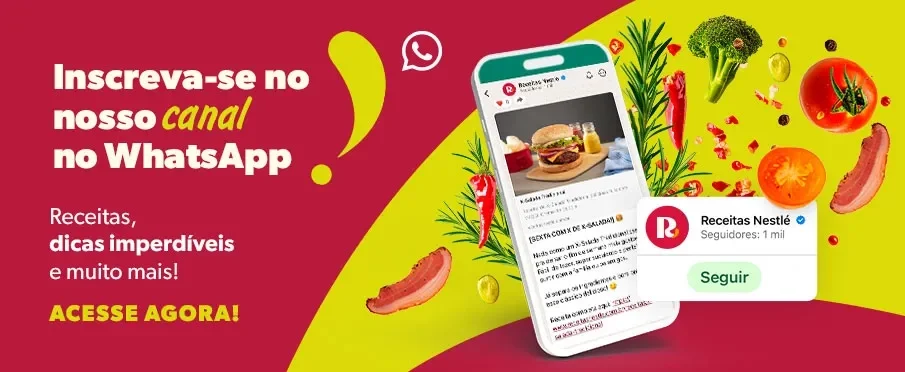 Banner colorido em vermelho e amarelo com celular, legumes e convite para seguir o canal de Receitas Nestlé no WhatsApp
