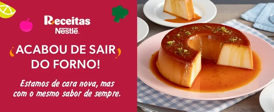 Imagem pudim, com o texto: "Acabou de sair do forno"