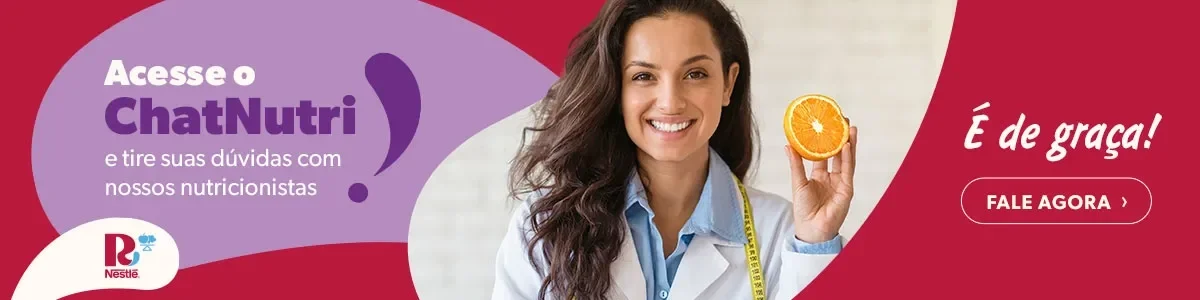 Banner em tons vinho e roxo com nutricionista sorrindo e laranja na mão, promovendo o ChatNutri para tirar dúvidas grátis com