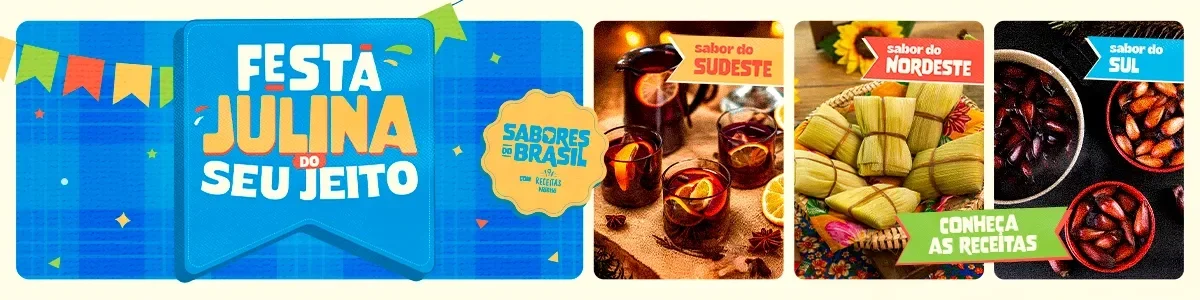 Banner com o tema “Festa Julina do seu jeito” e receitas típicas das regiões Sudeste, Nordeste e Sul.