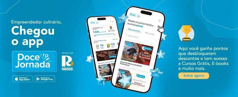 Banner azul do app Doce Jornada com celular exibindo cursos, pontos e botão de download na App Store e Google Play.