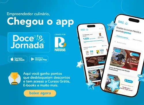 Banner azul do app Doce Jornada com celular exibindo cursos, pontos e botão de download na App Store e Google Play.