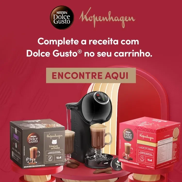 Banner vermelho com logo de Dolce Gusto e Kopenhagen com máquina de café e cápsulas Língua de Gato e Lajotinha.