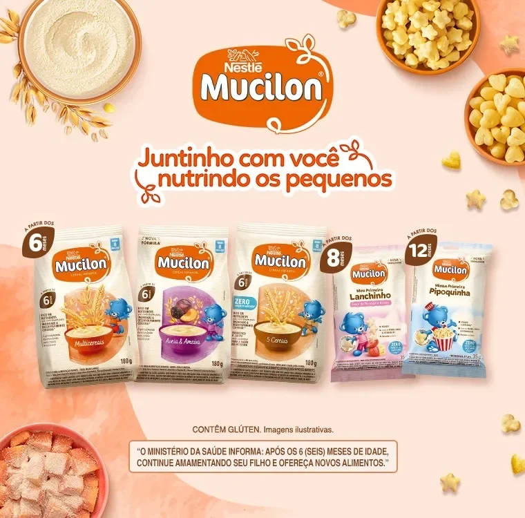 Produtos Mucilon para bebês a partir de 6, 8 e 12 meses, com cereais, frutas e snacks, sobre fundo laranja e rosa.