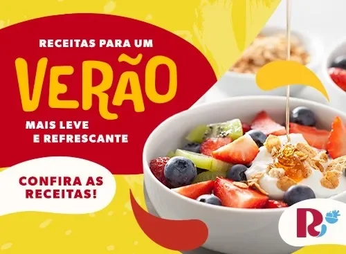 Banner de verão com tigela de iogurte, frutas e granola, destacando o texto ‘Receitas para um verão mais leve e refrescante’.