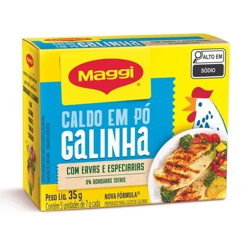 Embalagem do Caldo de Galinha Maggi em pó, com 0% gorduras totais,com ervas e especiarias selecionadas.