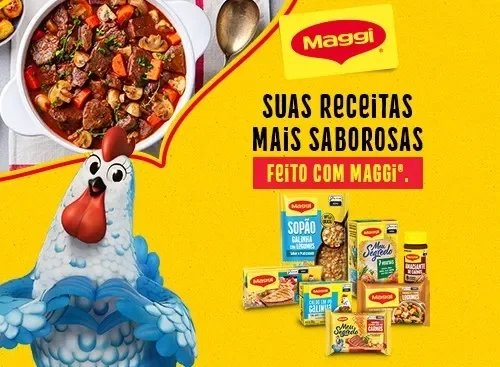 Banner da Maggi com galinha mascote, prato de ensopado e produtos Maggi, com a mensagem: suas receitas mais saborosas.