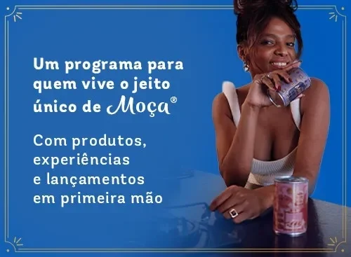 Banner Leite Moça com mulher segurando lata, texto sobre programa com experiências, produtos e lançamentos exclusivos