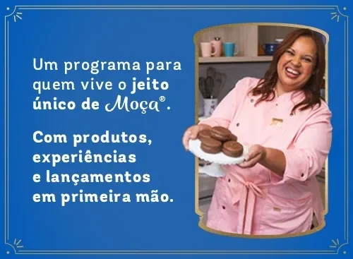 Banner Leite Moça com confeiteira segurando doces, texto sobre programa com experiências, produtos e lançamentos exclusivos