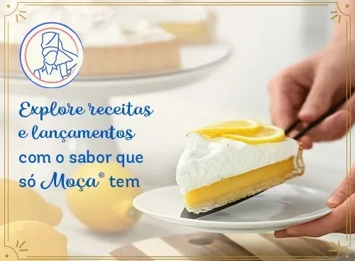 Banner Nestlé Moça com fatia de torta de limão, texto sobre explorar receitas e lançamentos com sabor único