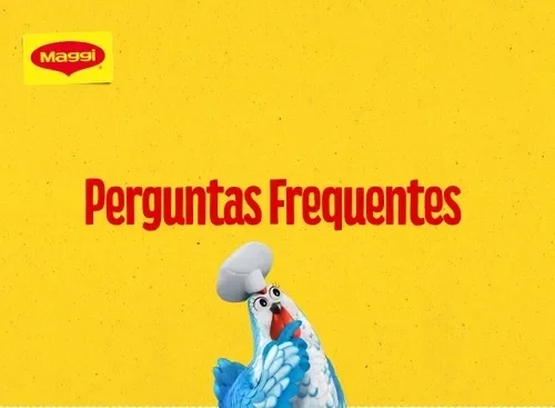 Banner amarelo da Maggi com texto “Perguntas Frequentes” em vermelho e mascote galinha usando chapéu de chef.