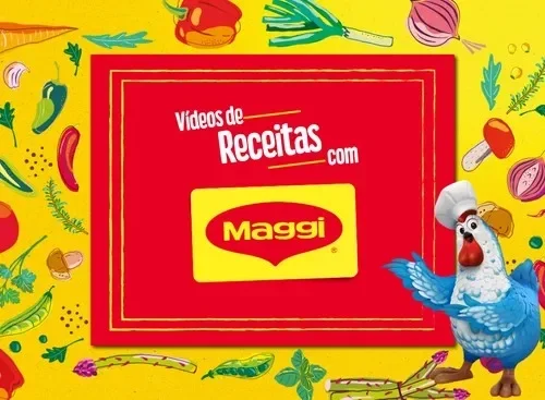Banner da Maggi com texto “Vídeos de receitas”, fundo amarelo com ilustrações de alimentos e mascote galinha no canto direito