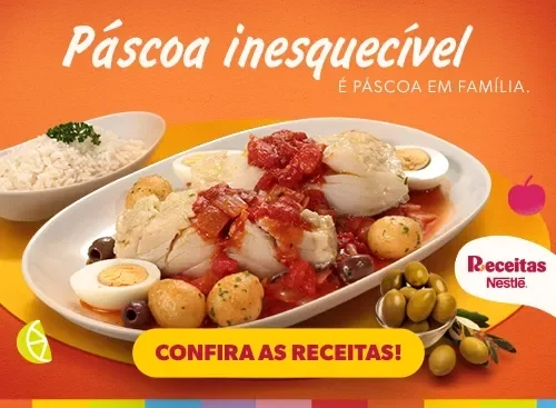 Prato de bacalhau com ovos, batatas e azeitonas para Páscoa, com arroz ao lado e chamada para ver as receitas.
