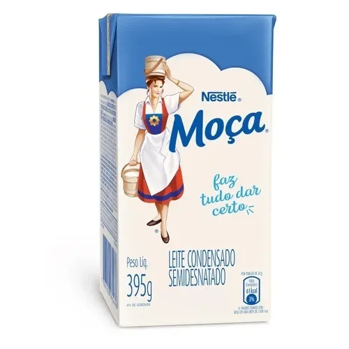Caixa de Leite Condensado Moça Nestlé semidesnatado, embalagem de 395 g.