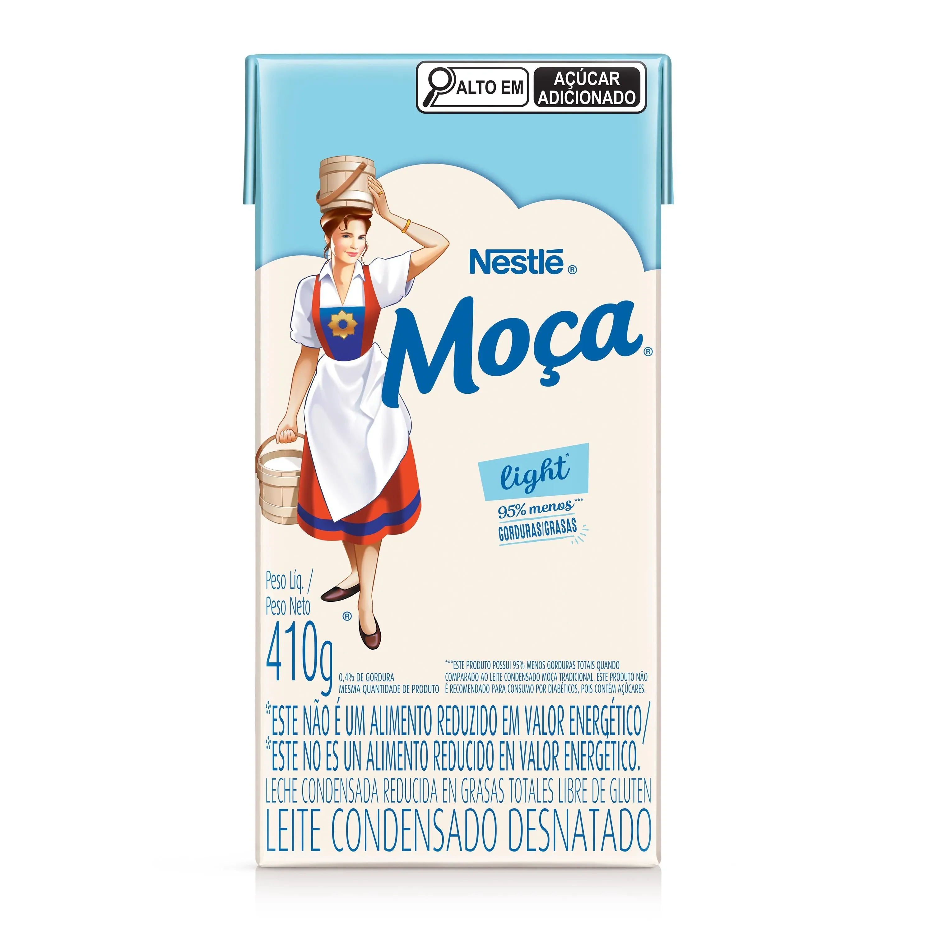 Leite condensado Moça Light 410g com 95% menos gordura, embalagem do produto.