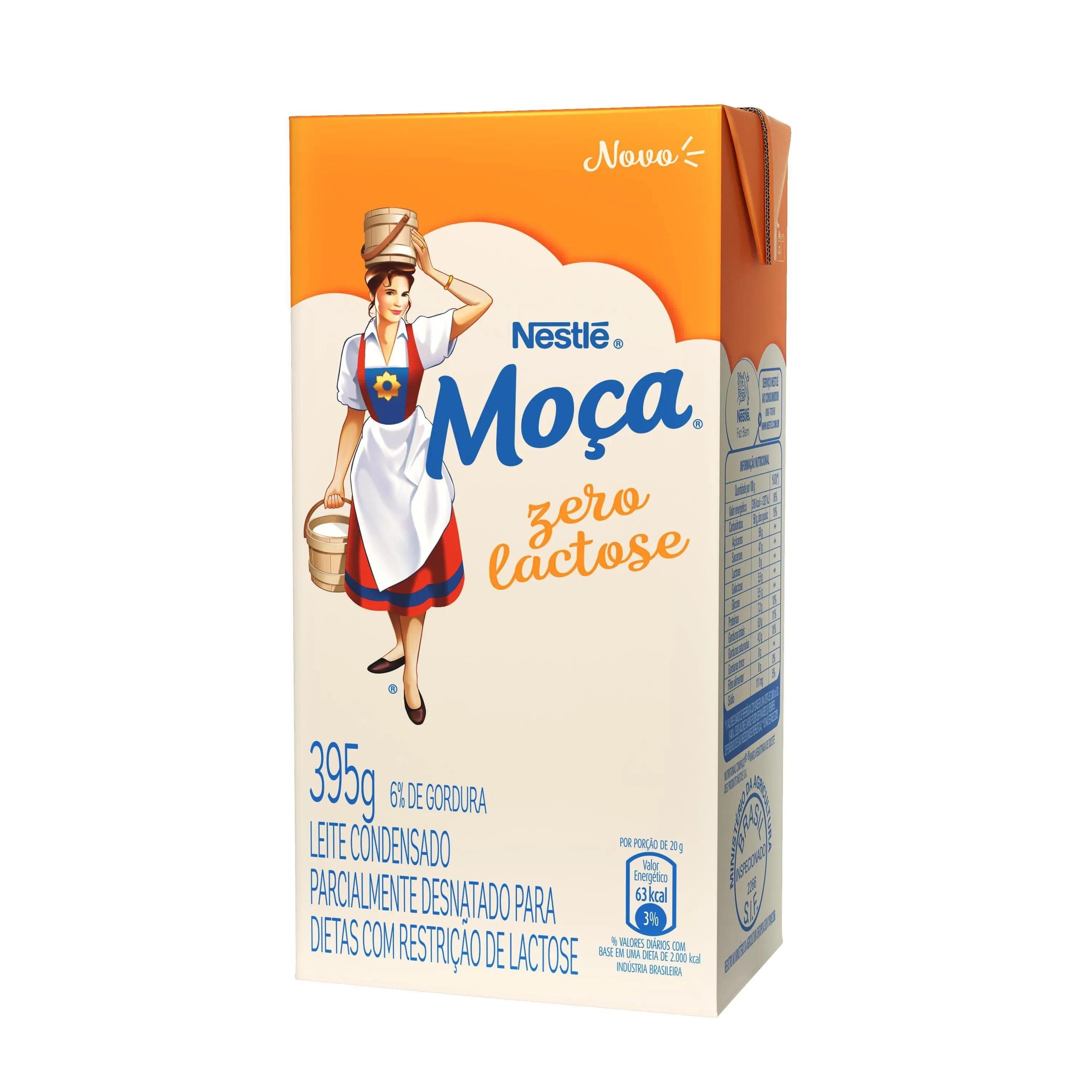 Embalagem do Leite Condensado Moça zero lactose 395g, caixa bege e laranja com ilustração da Moça.