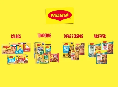 Banner Maggi com linha de produtos: temperos, caldos e sopas e cremes, incluindo Meu Segredo, caldos, sopão e creme de cebola