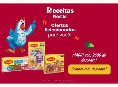 Banner em fundo vermelho com mascote Maggi, produtos à direita e textos sobre ofertas selecionadas e 25% de desconto Maggi.