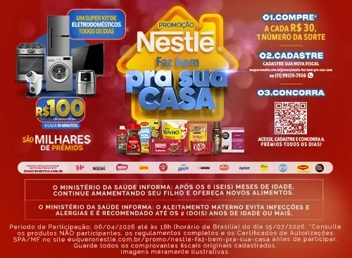 Banner promocional da Nestlé em fundo vermelho, com produtos, eletrodomésticos, texto informativo e QR Code da promoção.