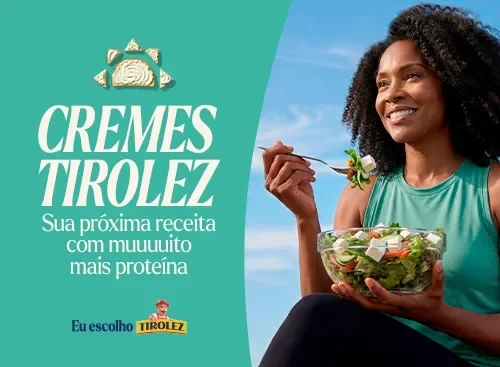 Pessoa ao ar livrem segura uma tigela de salada com garfo, ao lado esquerdo há texto verde com título Cremes Tirolez e slogan