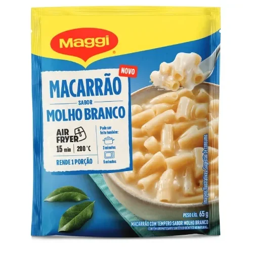 Macarrão Maggi sabor molho branco para preparo na air fryer, porção individual pronta em poucos minutos.
