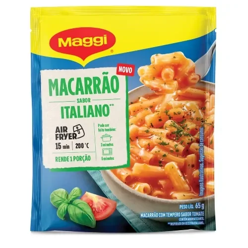 Macarrão Maggi sabor italiano para preparo na air fryer, porção individual com molho de tomate pronta em poucos minutos.