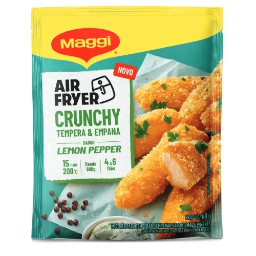 Tempera e empana Maggi Air Fryer Crunchy lemon pepper em sachê, ideal para frango crocante feito na air fryer.