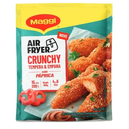 Tempera e empana Maggi Air Fryer Crunchy sabor páprica em sachê, ideal para frango crocante feito na air fryer.