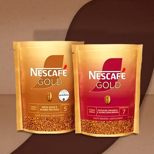 Embalagens de NESCAFÉ Gold café solúvel liofilizado em versões de torra média, com diferentes intensidades e notas de sabor, 