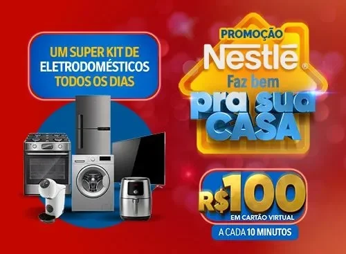 Banner promocional da Nestlé em fundo vermelho, com eletrodomésticos e texto sobre prêmio de R$100.