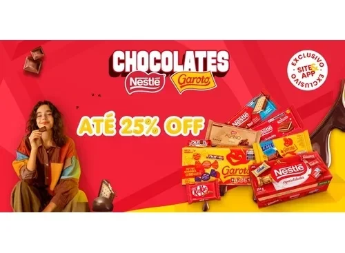Banner promocional com chocolates Nestlé e Garoto, texto “Até 25% off”, pessoa com chocolate à esquerda e produtos à direita.