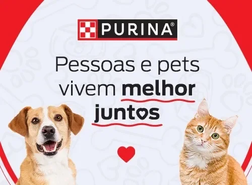 Banner Purina com cachorro e gato e frase “pessoas e pets vivem melhor juntos” em destaque