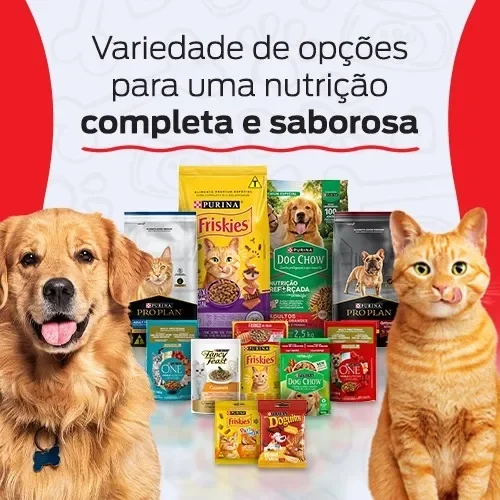 Banner Purina com cachorro, gato e linha de produtos, destacando nutrição completa e saborosa