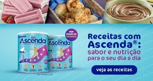 Banner com latas de Ascenda e receitas (picolé, pão de queijo, creme); texto convida a ver receitas para o dia a dia.