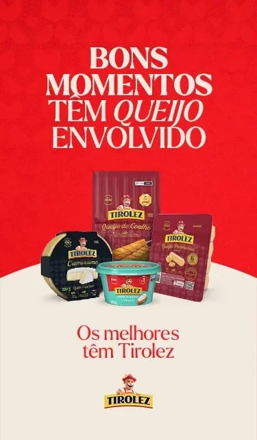 Banner Tirolez com queijos variados e frase “bons momentos têm queijo envolvido” em fundo vermelho	