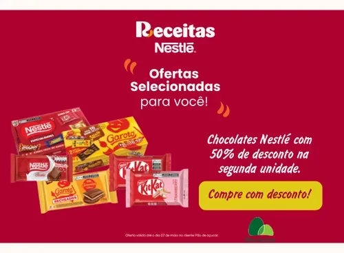 Banner em fundo vermelho com chocolates Nestlé e Garoto, texto sobre 50% de desconto na segunda unidade e logo Pão de Açúcar.