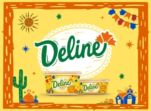 Banner Deline em fundo amarelo com ilustrações juninas, produtos ao centro e texto “Quem ama prefere” e botão “Saiba mais”.