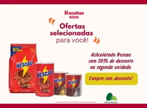 Banner com produtos Nescau em fundo claro, texto sobre 50% de desconto na segunda unidade e logo Pão de Açúcar.