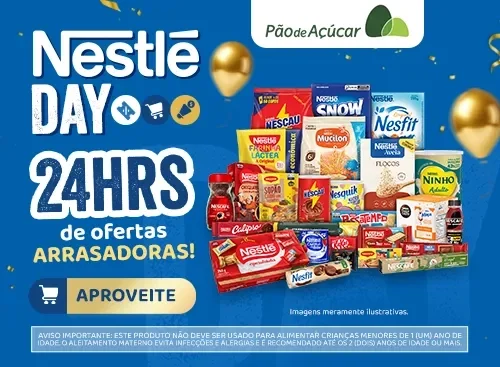 Banner Nestlé Day em fundo azul, com vários produtos ao centro e texto “24hrs de ofertas arrasadoras” e botão “Aproveite”.
