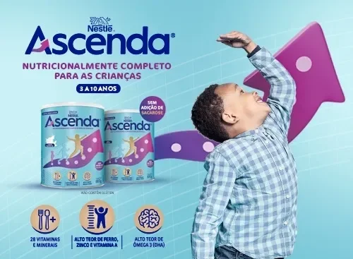 Imagem promocional do Nestlé Ascenda: criança brinca, latas do produto e destaque para nutrientes e idade 3-10 anos.
