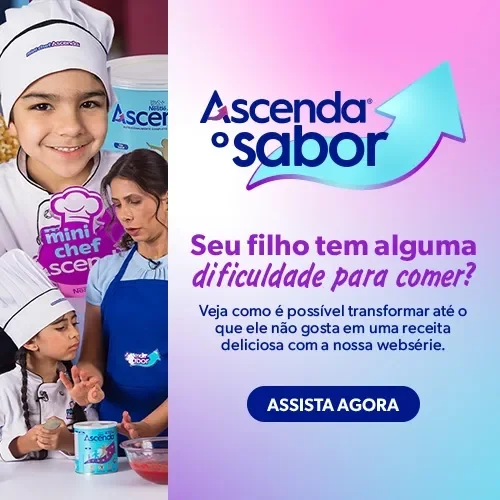 Criança e adulto preparam receita com Ascenda; chamada convida a assistir websérie sobre dificuldades alimentares infantis.