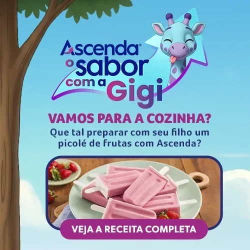 Ilustração com girafa Gigi e picolés rosa em prato, convite a preparar receita com Ascenda: “Vamos para a cozinha?”.